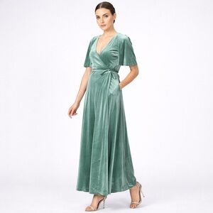 Baltic Born Velvet Wrap Dress Green Maxi Short Sleeve V Neck Tie Waist M L